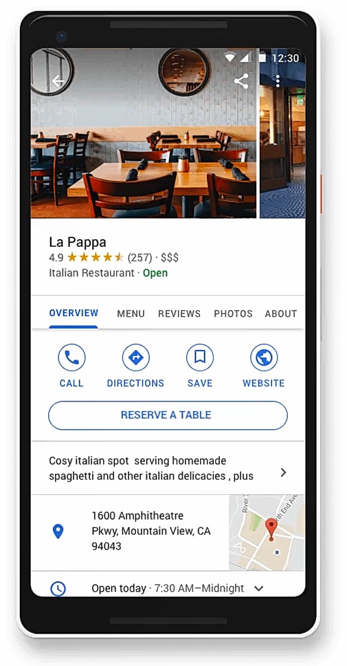 google my business prenota tavolo
